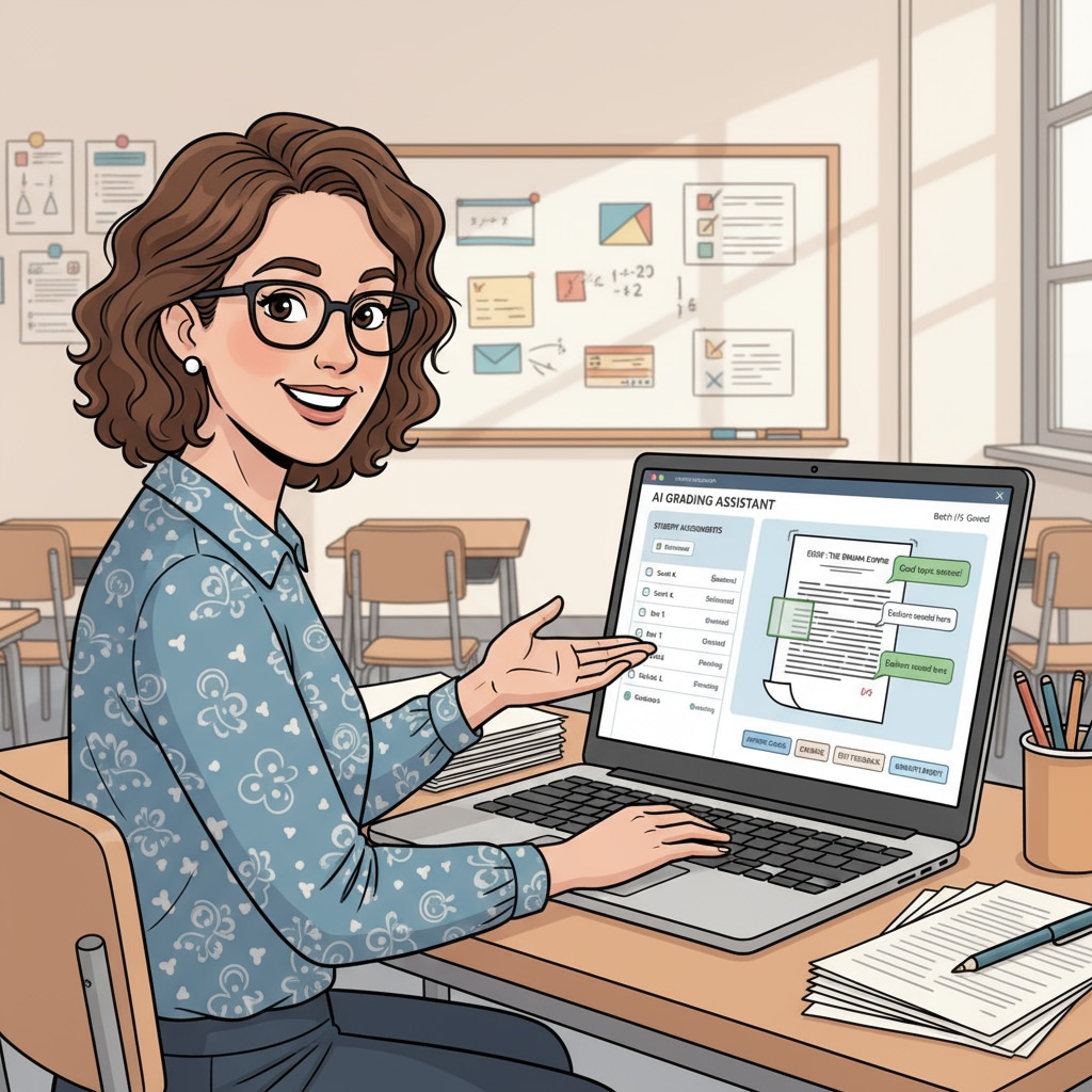 A teacher is sitting at a desk, using an AI grading tool on a laptop. The screen shows a grading interface with student assignments and feedback options. Teacher using an AI grading tool to save time and enhance instructional efficiency