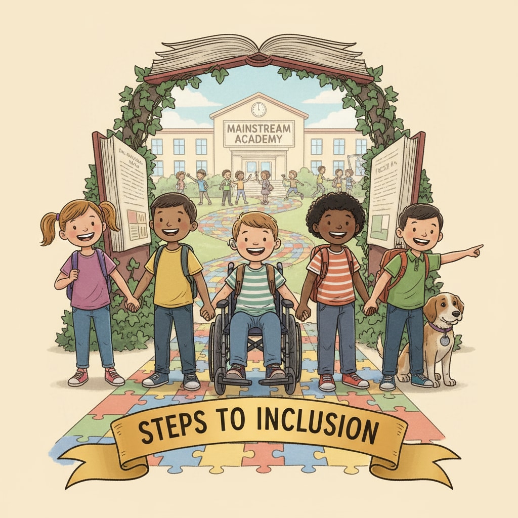 A group of special education students smiling while holding hands, showing their eagerness to enter mainstream schools Special education students eager to enter mainstream schools related to school enrollment, IEP, special education, and student rights