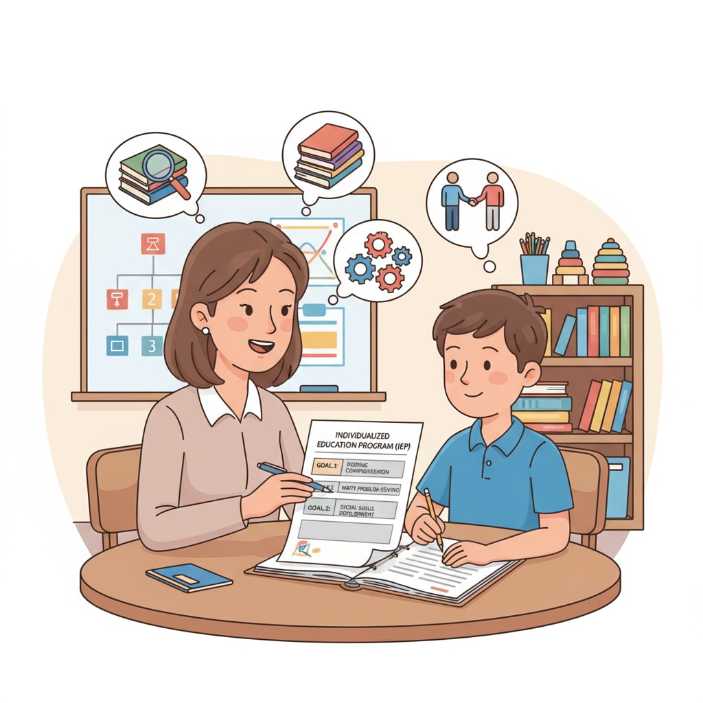 A teacher and a special education student discussing the IEP goals Teacher and special education student discussing IEP goals in the context of school enrollment, special education, and student rights