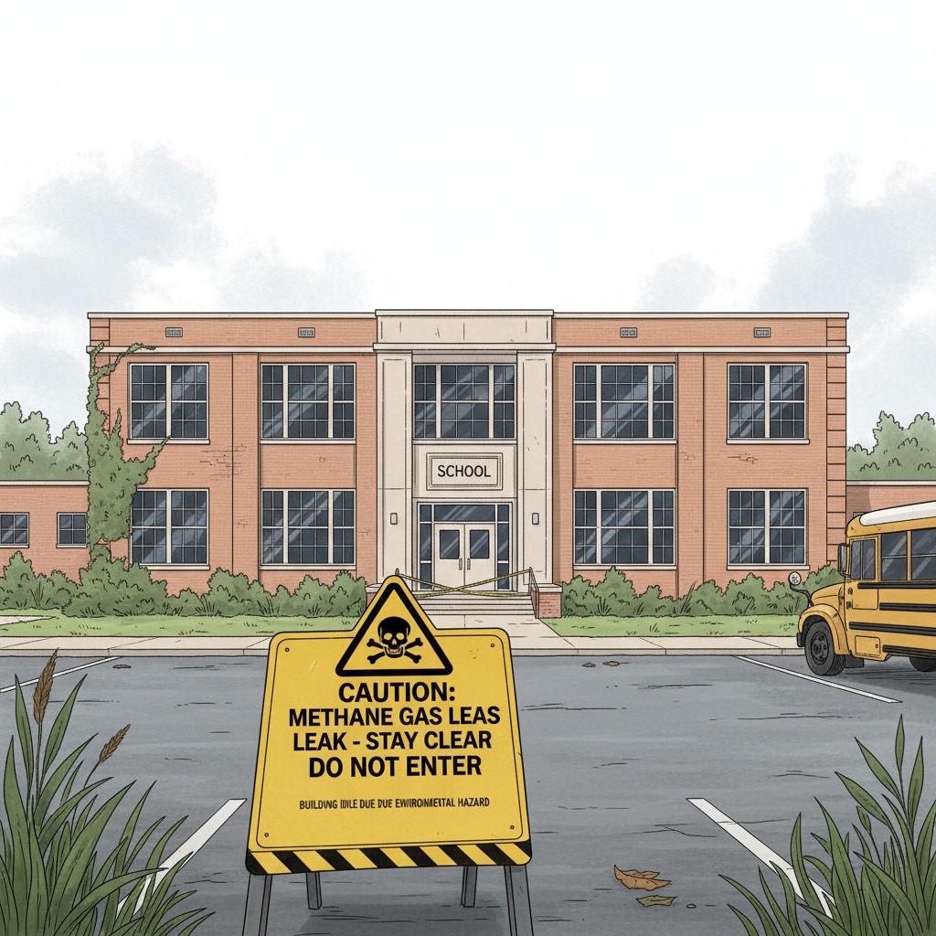 A view of the closed school building with a caution sign related to methane leak, showing the building in an idle state with a warning sign placed prominently. Closed school due to methane leak from geothermal well