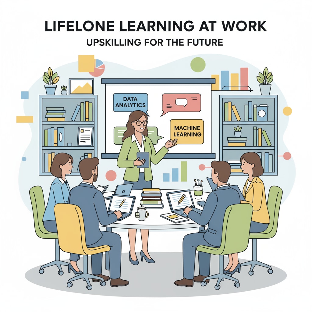 A group of professionals are engaged in a discussion and learning session in a modern office environment, representing the spirit of lifelong learning in the workplace. Lifelong learning, Chinese philosophy, and career growth in a modern office setting