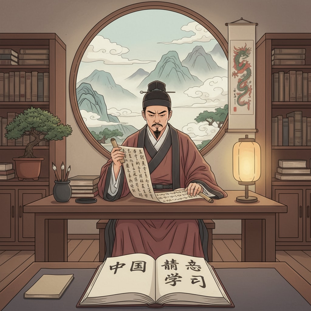 A person is sitting at a desk in a study, deeply immersed in reading an ancient Chinese scroll, symbolizing the connection between Chinese wisdom and learning. Chinese philosophy and the pursuit of knowledge