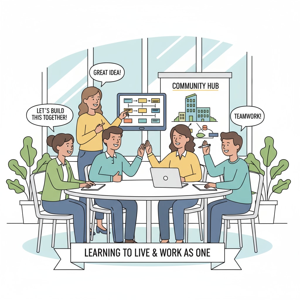 A team of employees are working together on a project, showing positive interaction and collaboration, which is related to learning to live together in the workplace. Teamwork and learning to live together in the workplace