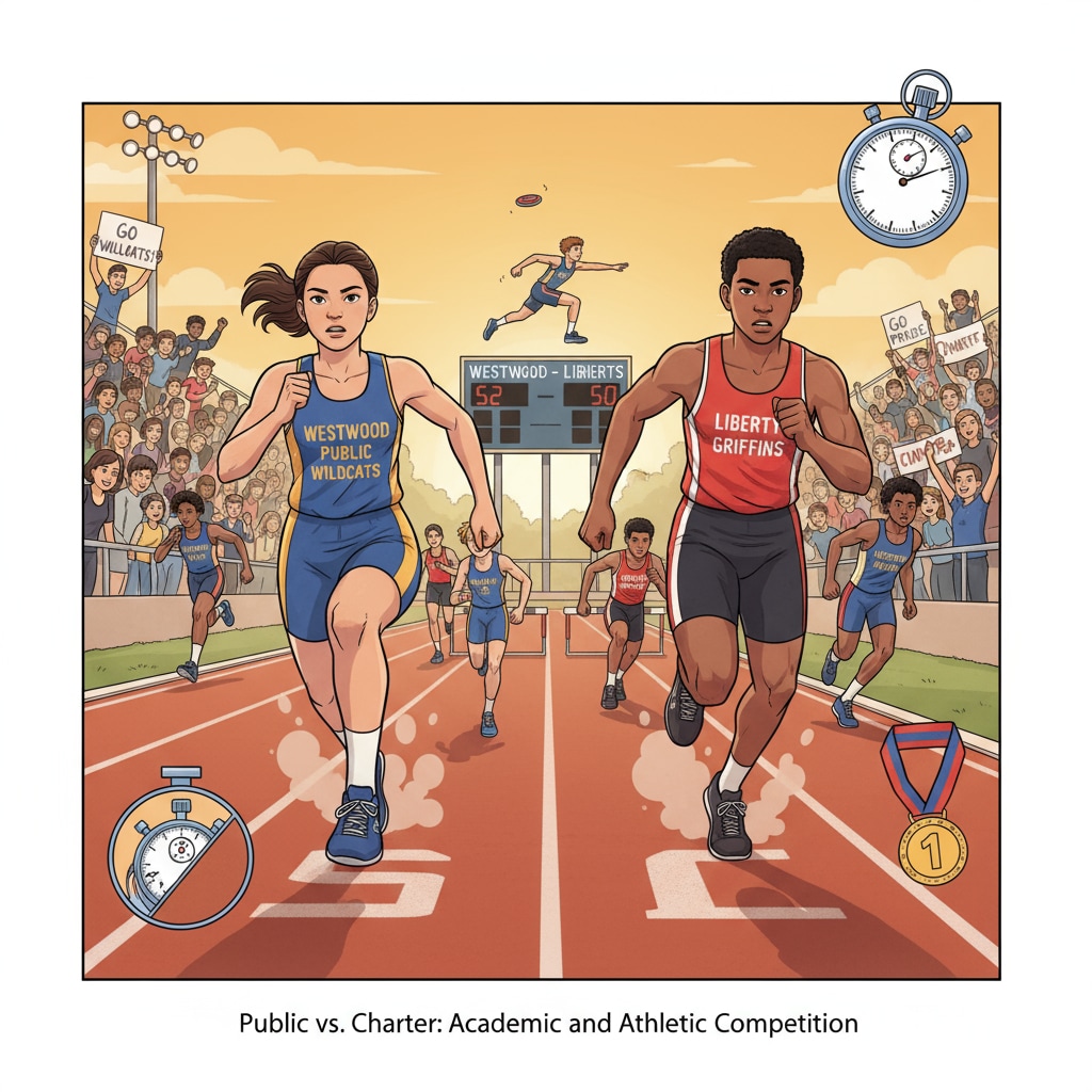 Sports competition between public and charter schools, related to school choice, sports facilities, and public school competition.