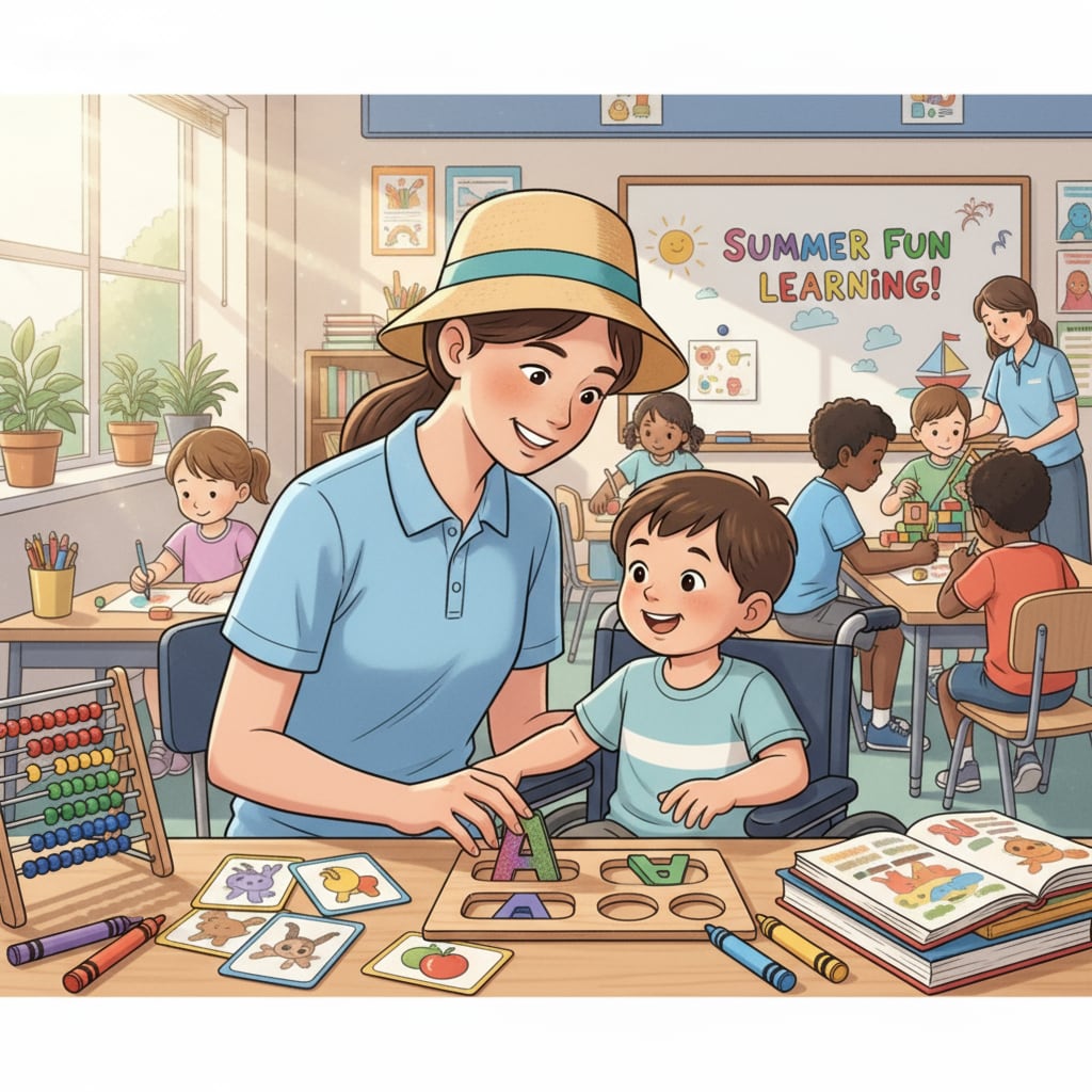 A special education student is patiently helping a child in an inclusive classroom during summer, with teaching materials spread out on the desk. Special education student assisting a child in an inclusive classroom summer job