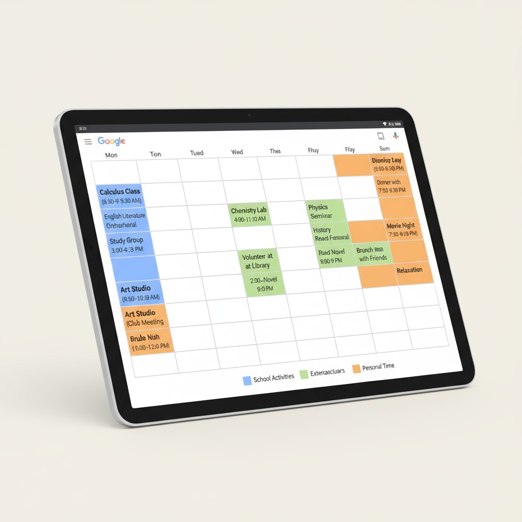 The interface of Google Calendar displays a student's schedule. Different colored events represent school activities, extracurriculars, and personal time, making it easy to distinguish between various aspects of life. Google Calendar interface for K12 students to enhance organizational skills with free features