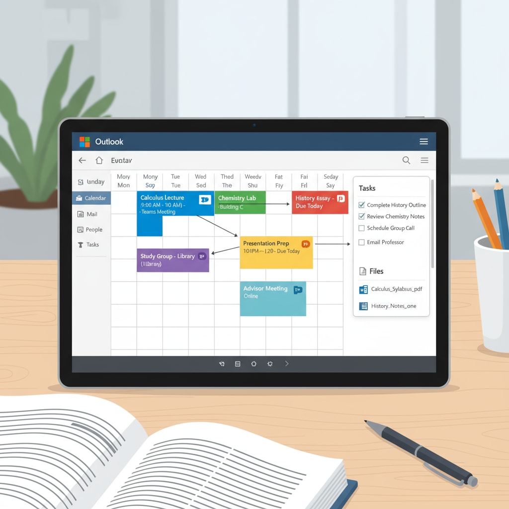 The Microsoft Outlook Calendar interface shows upcoming events and its seamless integration with other Office 365 applications. This integration allows students to manage tasks and information in an organized way. Microsoft Outlook Calendar for K12 students to improve organizational skills with free access