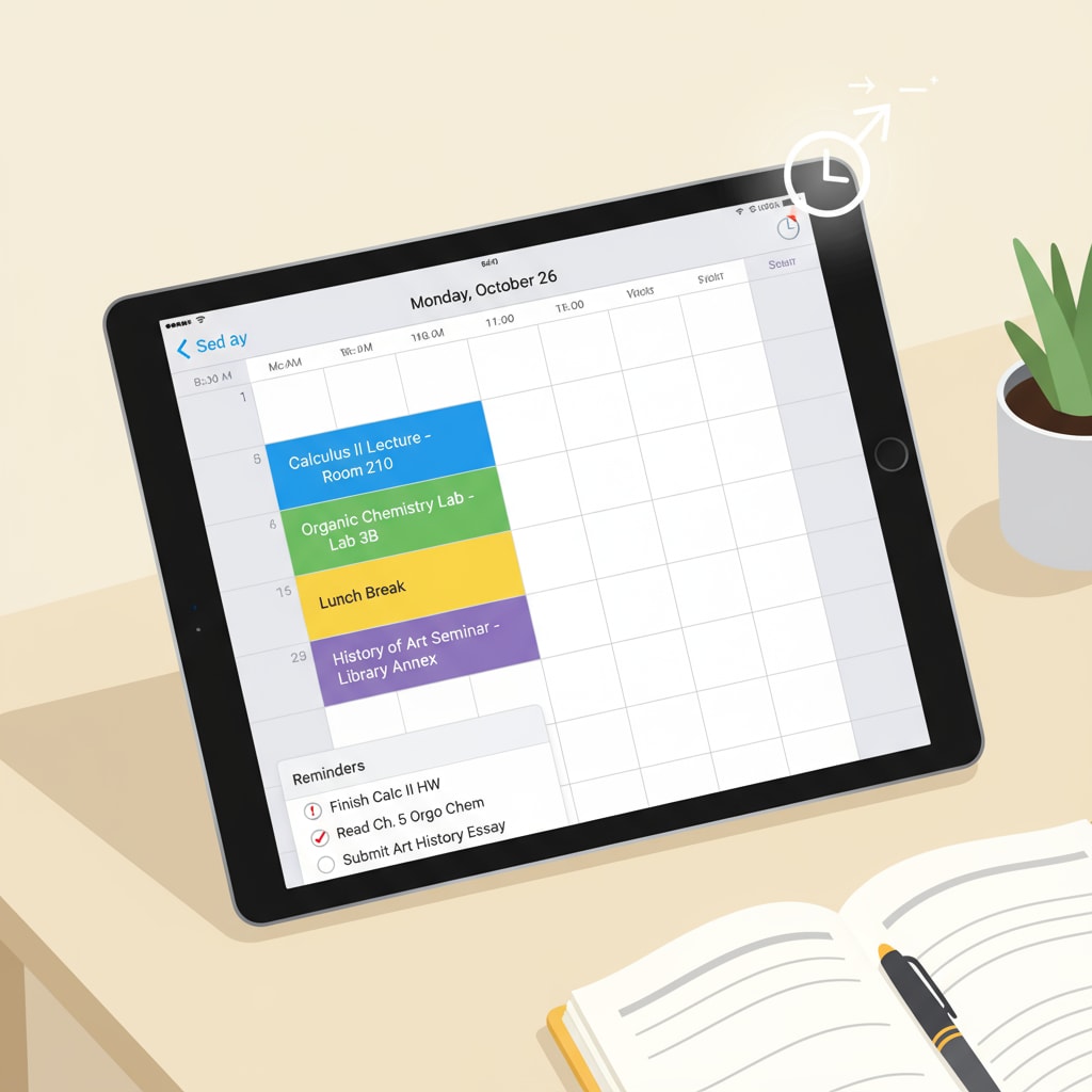 The Apple Calendar interface on an iPad presents a student's daily schedule. Reminders are clearly visible, and the clean design makes it easy for students to navigate and manage their time. Apple Calendar on iPad for K12 students to boost organizational skills with free use