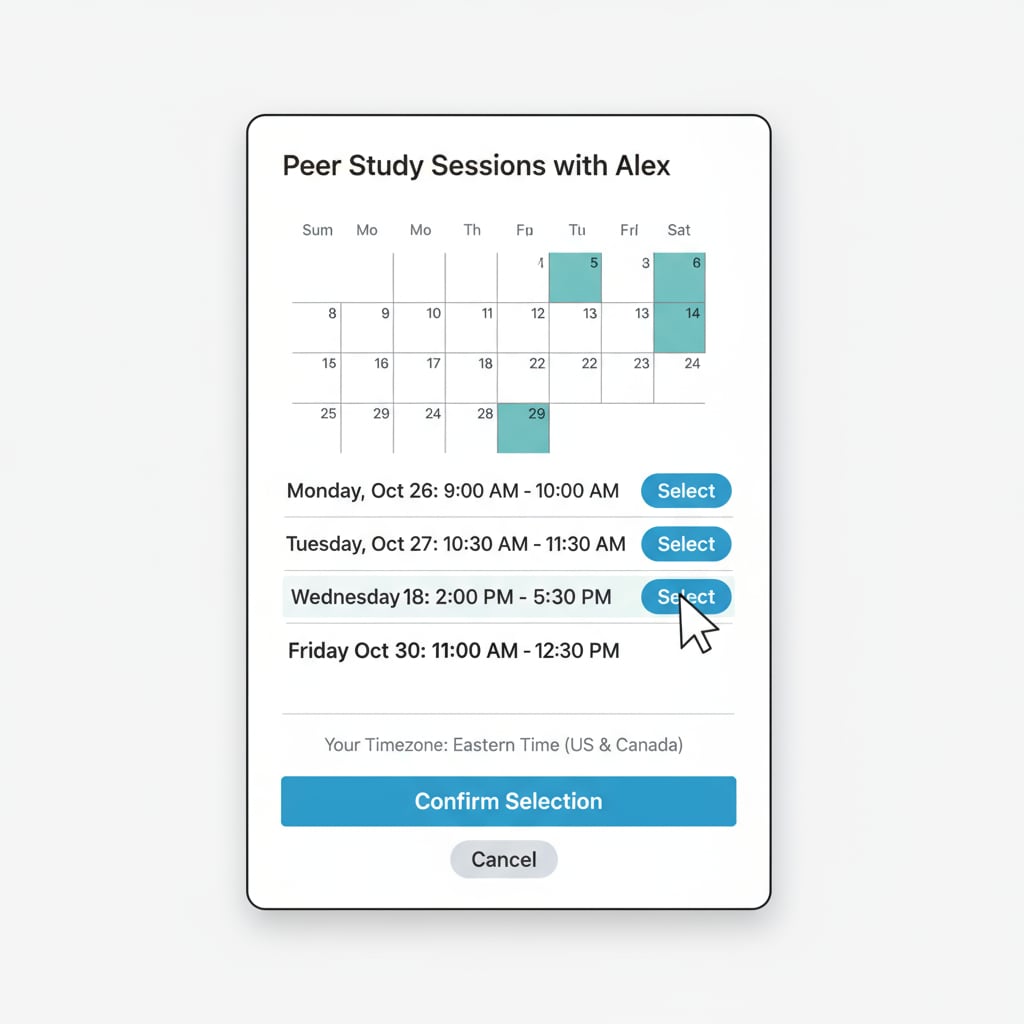 The Calendly interface displays a student's available time slots for study sessions. Peers can easily select a suitable time, simplifying the scheduling process and enhancing organizational efficiency. Calendly interface for K12 students to simplify scheduling and improve organizational skills for free