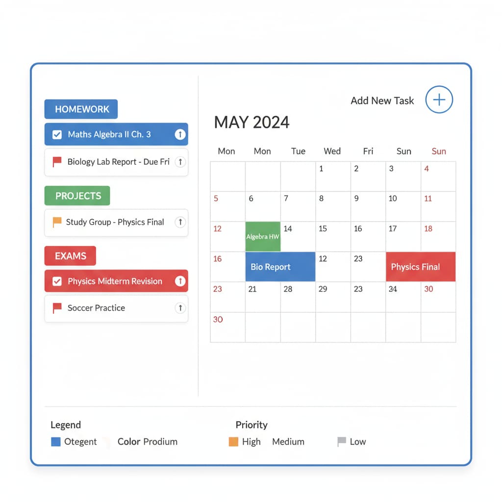 The Any.do Calendar interface combines a student's tasks and calendar view. Task categorization and priority setting features are evident, helping students manage their time and stay organized. Any.do Calendar interface for K12 students to enhance organizational skills with free task and calendar integration