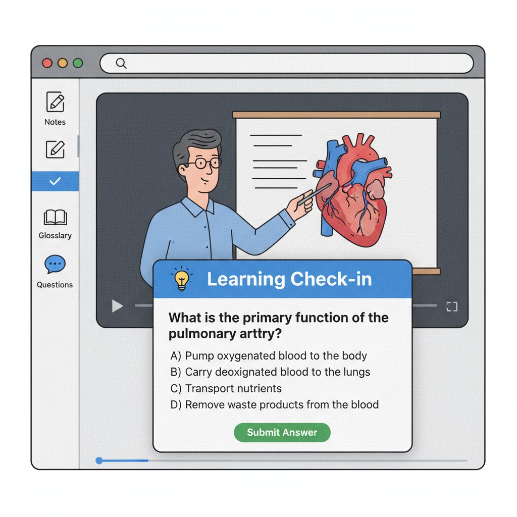 A screenshot showing the browser extension interface during a video learning session, with the video paused and a question displayed. Browser extension interface during K12 video learning with question prompt for attention boost