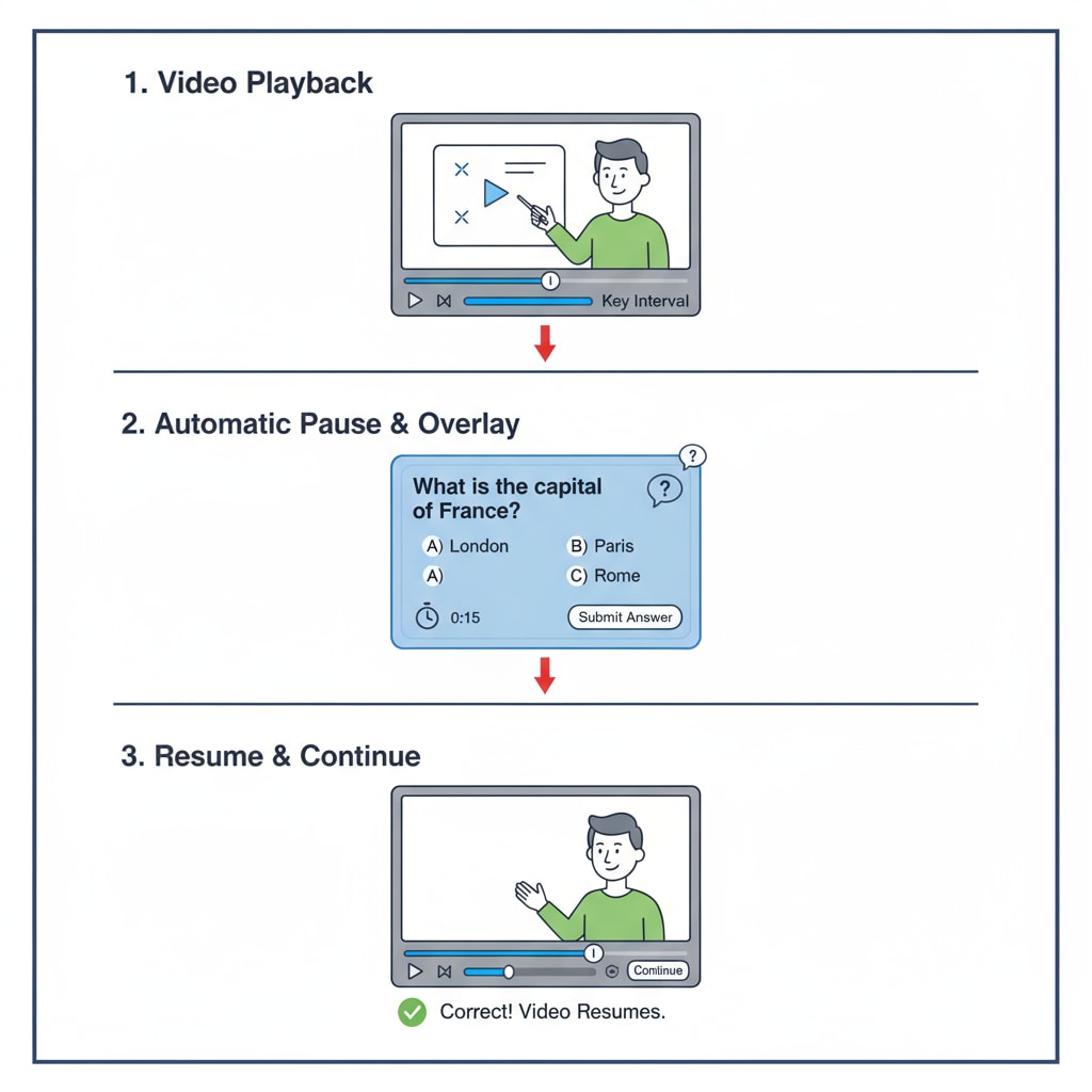 A visual diagram depicting how the extension pauses the video and presents questions at key intervals. Visual representation of the browser extension's question-prompting mechanism during K12 video learning