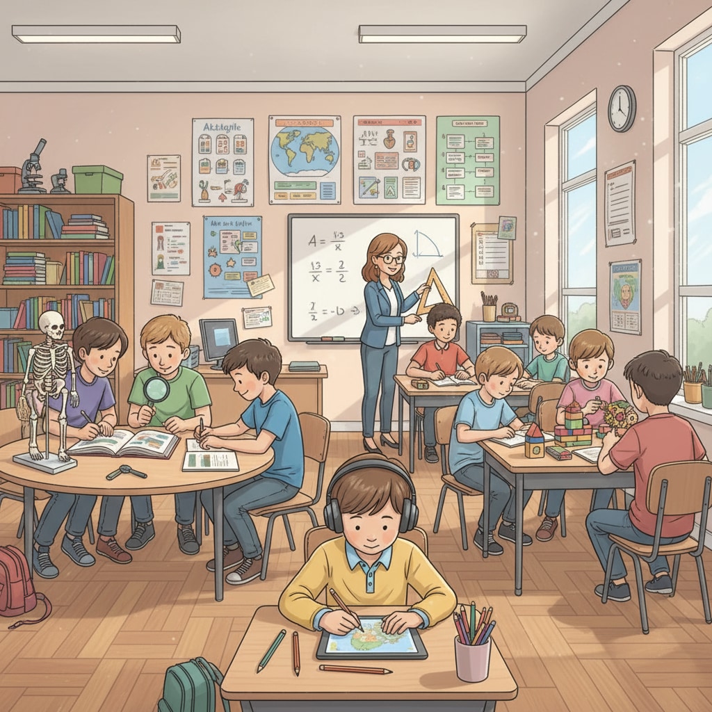 A classroom scene shows students of different ages actively participating in various learning activities, with some working in groups and others engaged in individual tasks. Differentiated instruction in a resource class with multi-level students