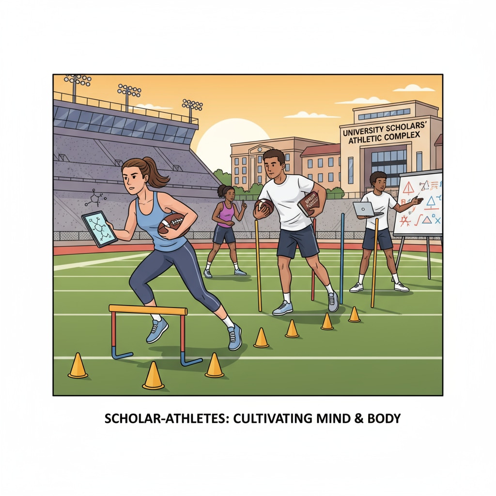 A group of young athletes training on a university football field, showing their dedication and skills in sports while also hinting at their potential academic pursuits. Young athletes training on a university football field related to college admissions, athlete recruitment, and academic requirements