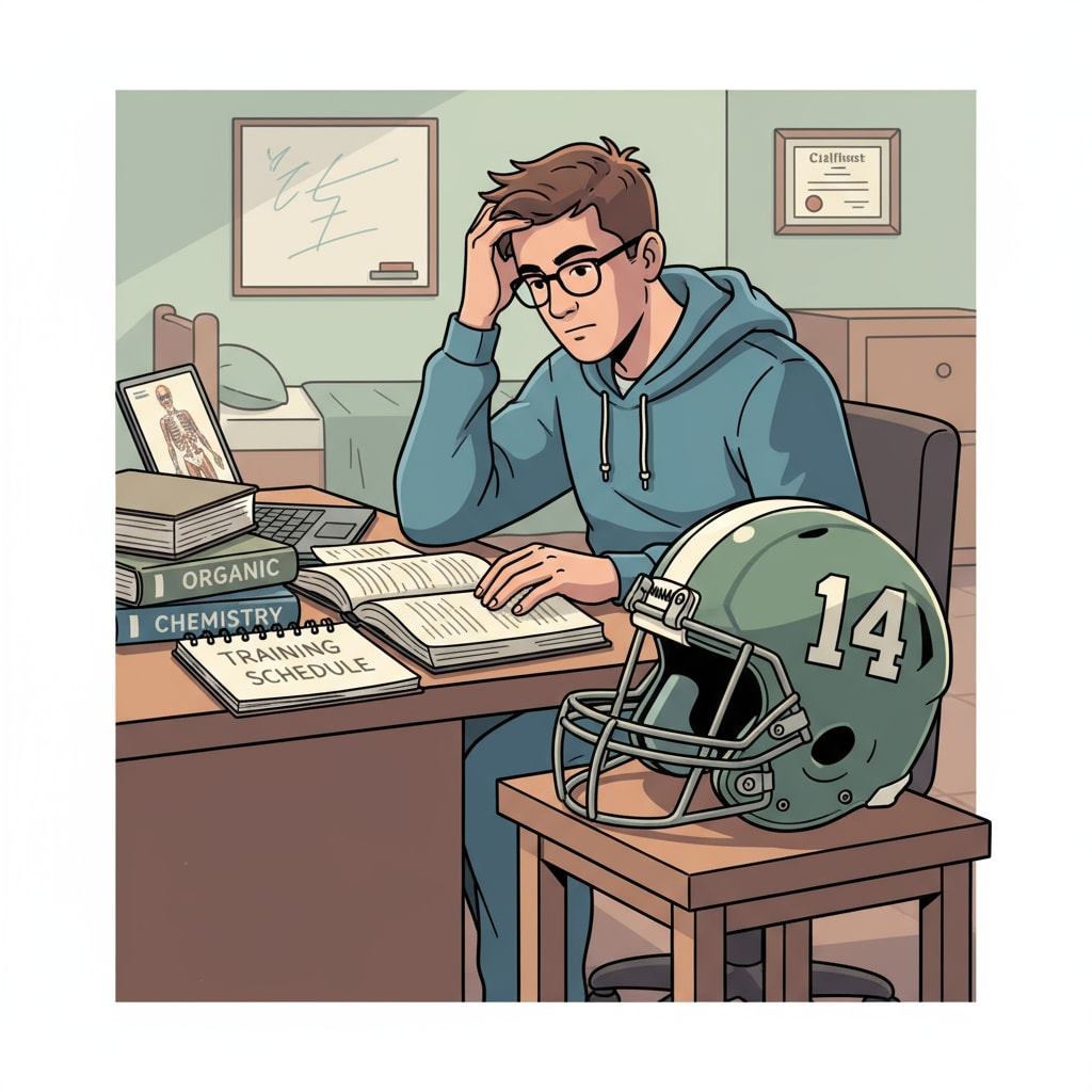 A student athlete sitting at a desk, studying textbooks, with a football helmet placed nearby, symbolizing the dual life of balancing academics and sports. A student athlete balancing academics and sports, relevant to college admissions, athlete recruitment, and academic requirements