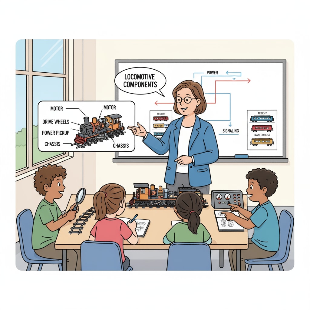 A classroom scene where students are learning about railway models, with a teacher explaining the components. Students learning about railway models in a classroom in the context of transportation industry, railways, and master's programs