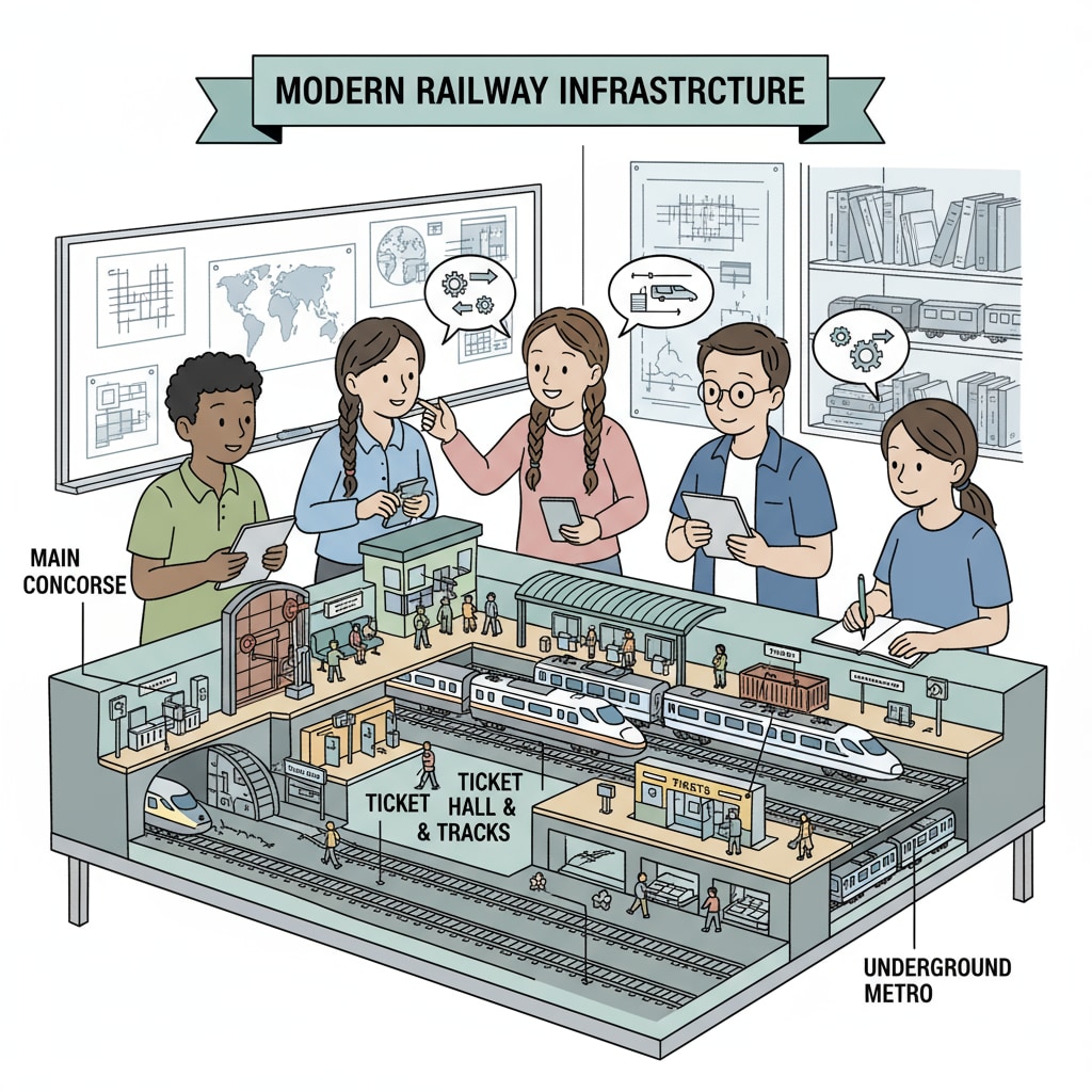 A group of students examining a model of a railway station, discussing the different parts. Students examining a railway station model related to transportation industry, railways, and master's programs