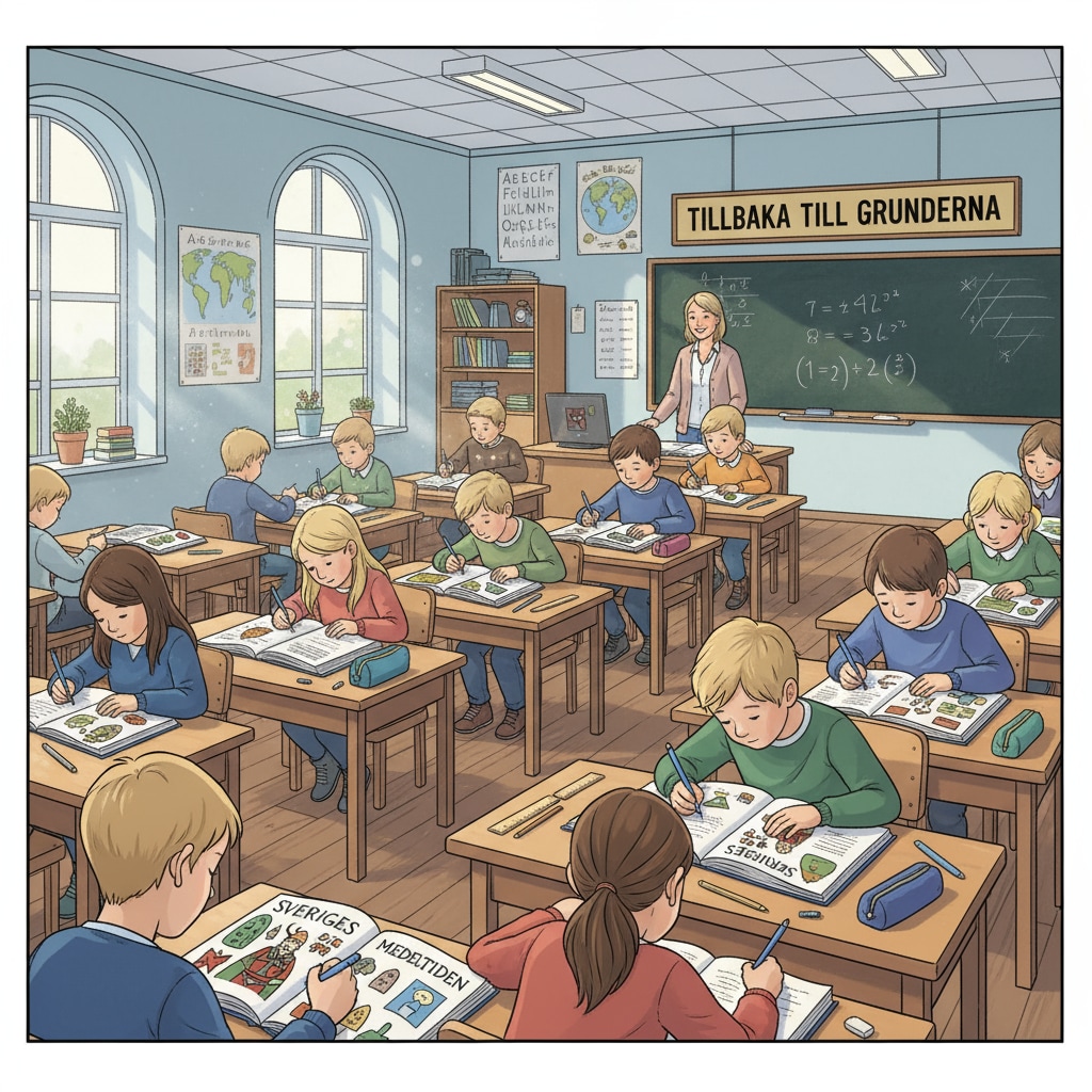 Students in a Swedish classroom engaged in pen-and-paper learning.