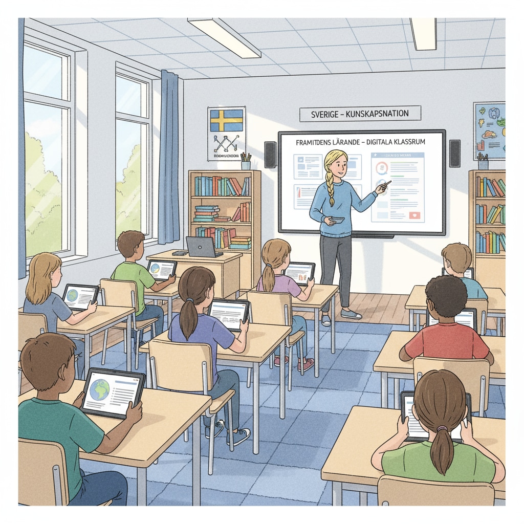 Students in a Swedish classroom using digital devices for education.