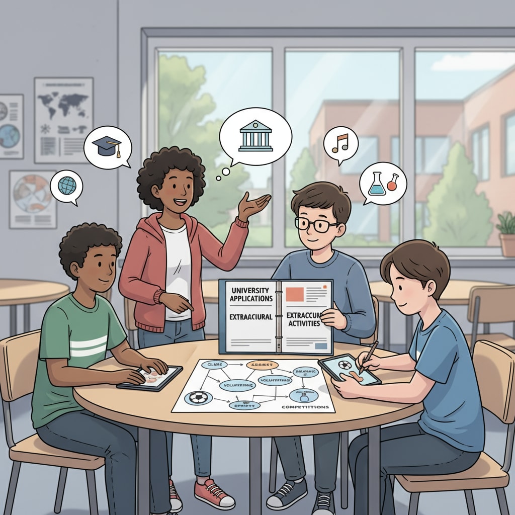 A group of ninth graders are sitting around a table, having an animated discussion about their future plans for university applications and the extracurricular activities they are interested in. Ninth graders discussing university applications and extracurricular activities in international education