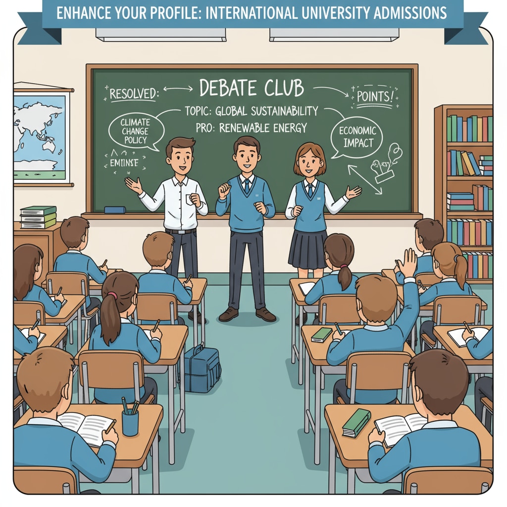 Students are actively participating in a debate club, with some presenting their arguments and others listening intently. This is an important extracurricular activity that can enhance a student's profile for international university applications. Students participating in a debate club as part of international education's extracurricular activities for university applications