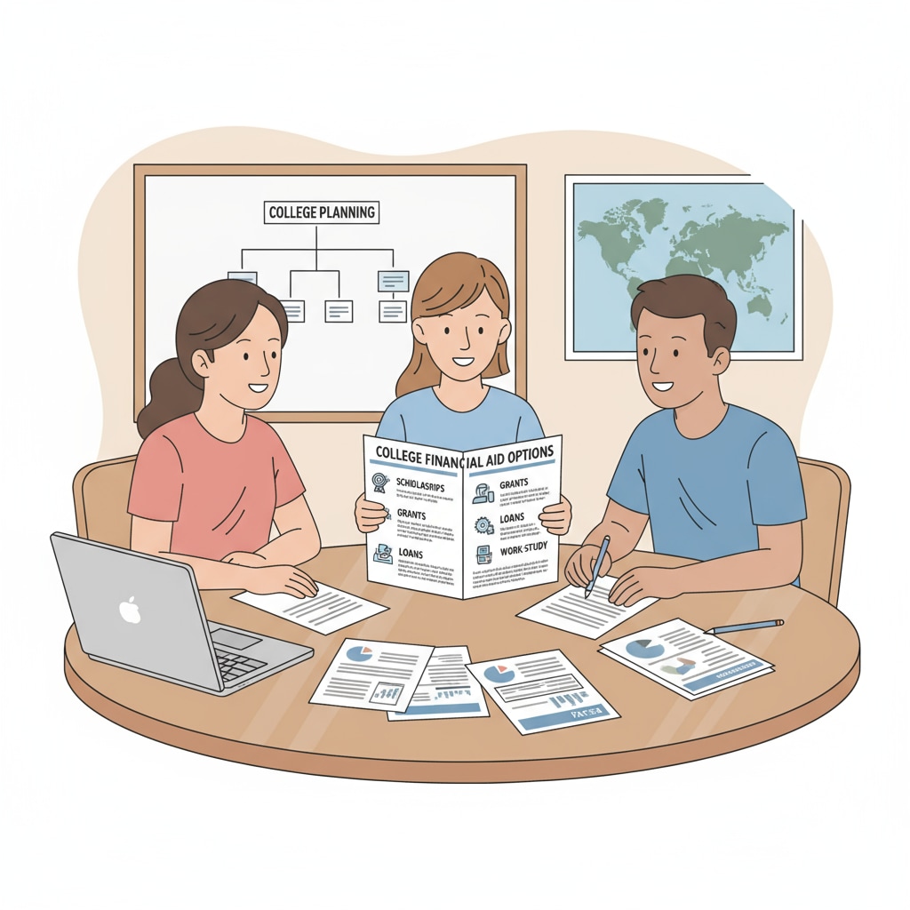 High school students are engaged in a discussion about different college financial aid options, with papers and brochures spread out on the table. High school students discussing college financial aid options related to pending asylum, scholarships, financial aid, and immigration status