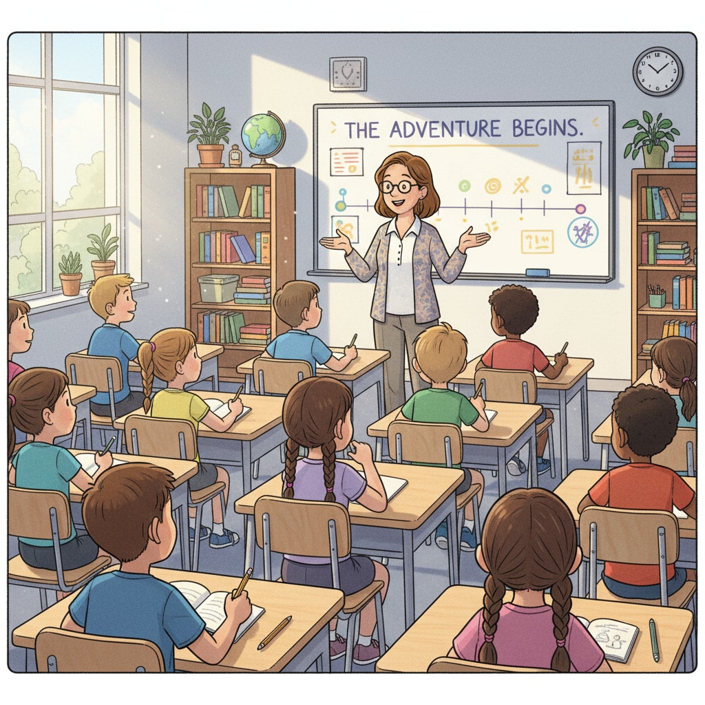 A teacher is standing in front of a whiteboard, telling an engaging story to a group of K12 students sitting at their desks. The students are listening intently, with some taking notes. A teacher using storytelling in a K12 classroom to enhance learning and potentially drive identity transformation as part of the Blueprint Decoded model