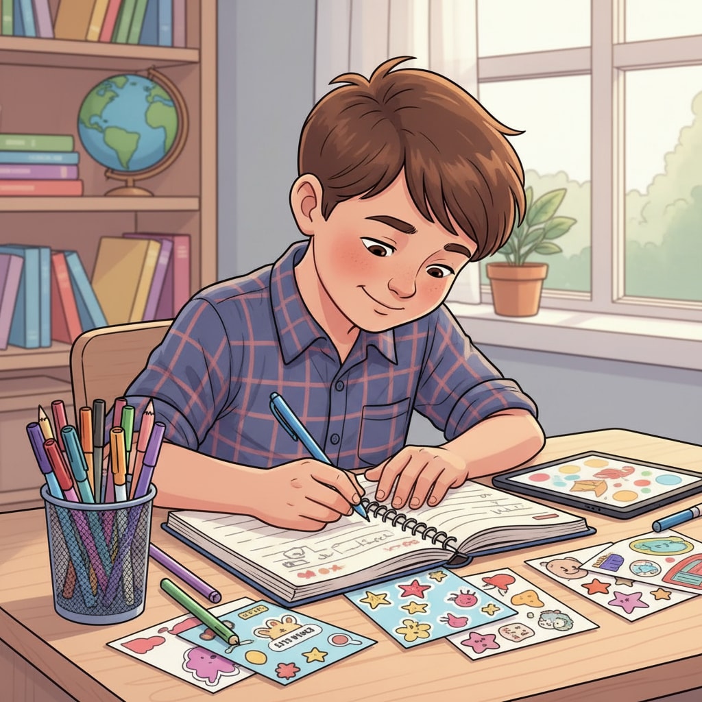 A student is sitting at a desk, writing in a journal. There are colored pens and stickers around, indicating a creative process. The student has a focused and positive expression on their face. A K12 student engaged in constructing their personal narrative as part of the identity transformation process facilitated by the Blueprint Decoded storytelling model