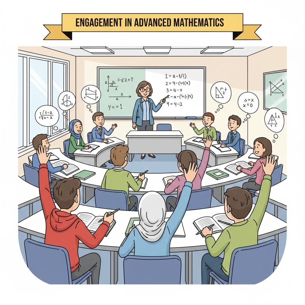 A group of students actively raising their hands to ask questions during a university math class, showing their engagement. University mathematics students raising hands to ask questions
