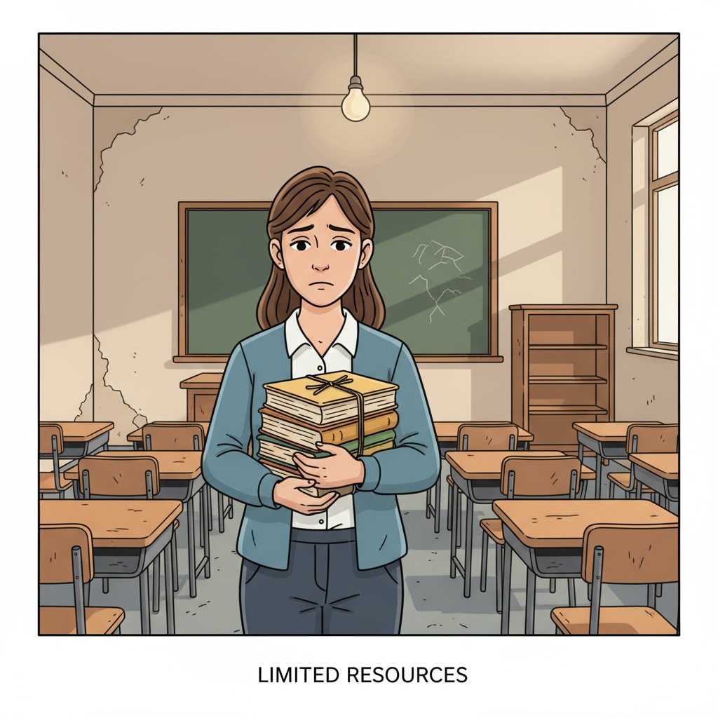 A teacher standing in front of a classroom with a sad expression, holding a few outdated textbooks, representing the lack of resources in the classroom A teacher with outdated textbooks showing lack of resources in classroom related to school bond, OSCIM grant, and education fund issues