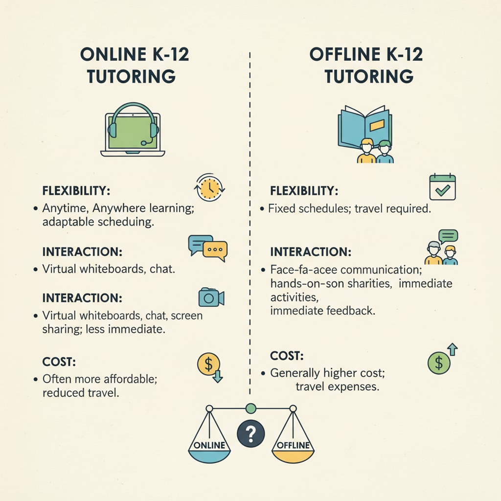 A visual comparison showing the features and benefits of online and offline K12 tutoring, including aspects like flexibility, interaction, and cost. A comparison of online and offline K12 tutoring in terms of trust factors