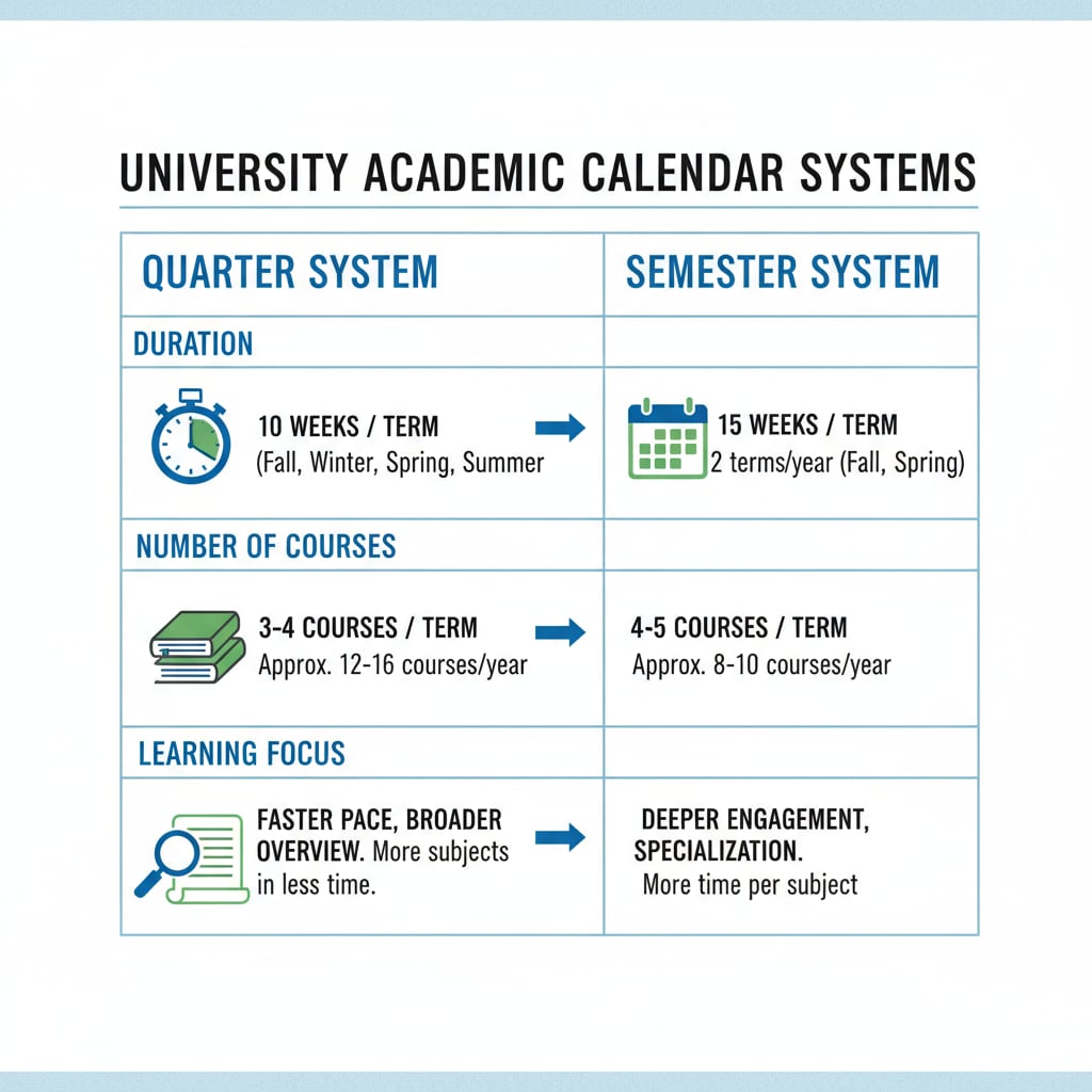A comparison chart showing the key differences between the quarter system and the semester system, including duration, number of courses, and learning focus. A comparison of quarter system and semester system related to attention allocation and learning burdens