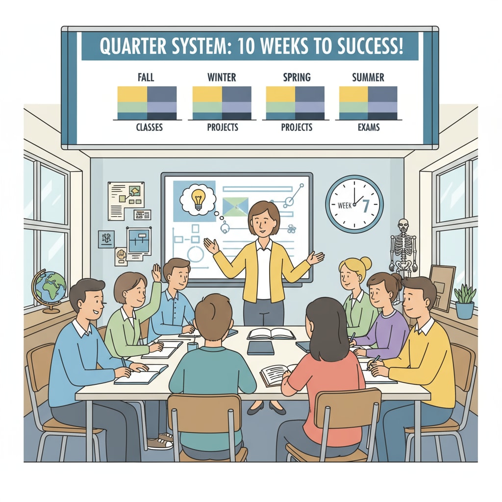 A classroom scene where students are actively participating in a course under the quarter system, with focused expressions on their faces. Students actively engaged in a quarter system course related to attention and learning
