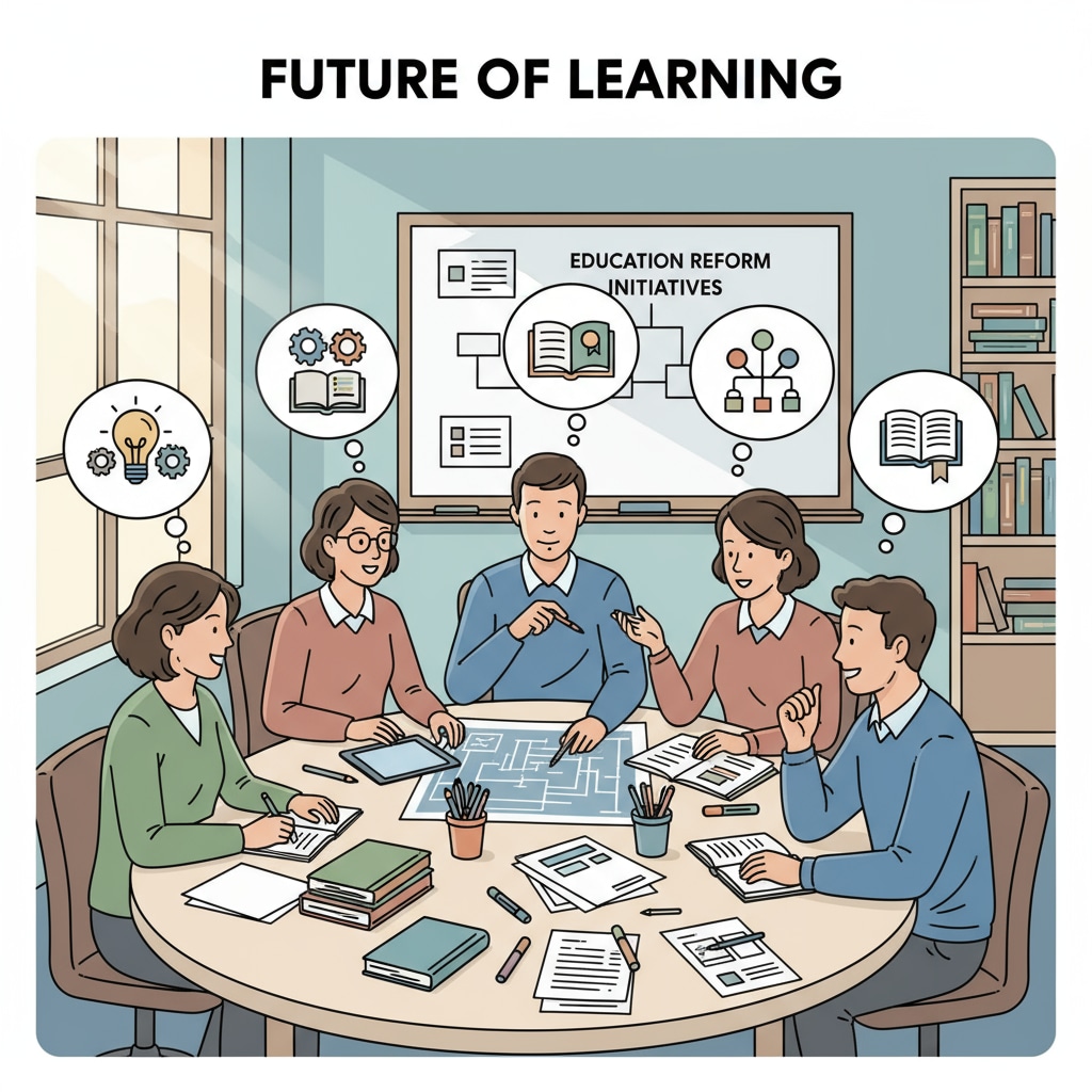 A group of educators are sitting around a table, discussing ideas for education reform. Papers and pens are on the table, and everyone looks engaged. Educators discussing education reform to enhance teaching influence and drive systemic change in educational careers.