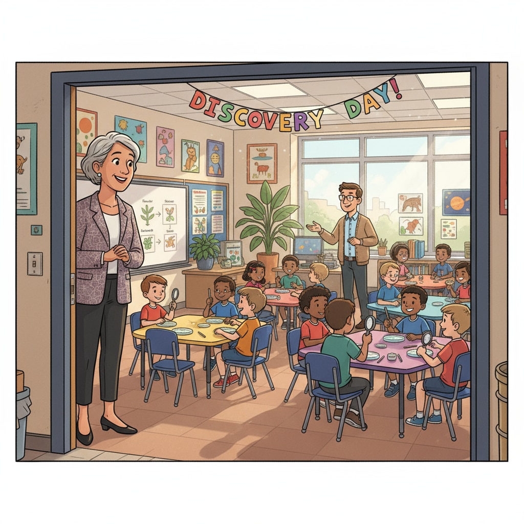 A principal is standing at the door of a classroom, observing students and the teacher during a lesson. There is a positive atmosphere in the classroom. A principal observing a classroom to ensure quality education as part of systemic reform efforts in educational careers and to boost teaching influence.