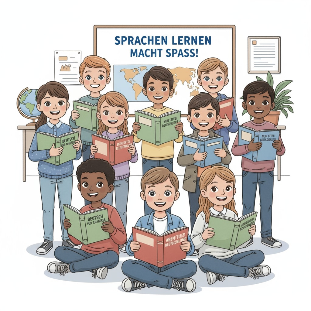 A group of K12 students are gathered together, smiling, while each of them is holding German language books, showing their eagerness to learn the language. K12 students showing interest in German language books during their German study abroad journey with language barriers in mind.