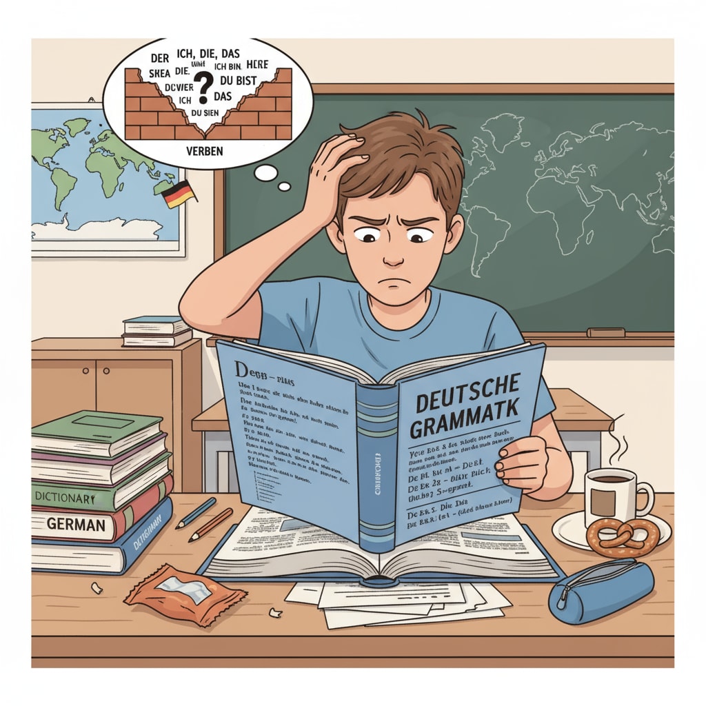 A single student is sitting at a desk, looking a bit frustrated while trying to understand a German textbook, depicting the language barrier challenge. A K12 student facing difficulties with a German textbook during their German study abroad due to language barriers.