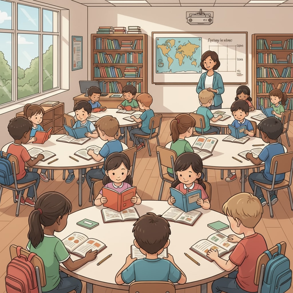 Students of various ethnicities reading books in a classroom related to racial bias, reading ability, and education statistics