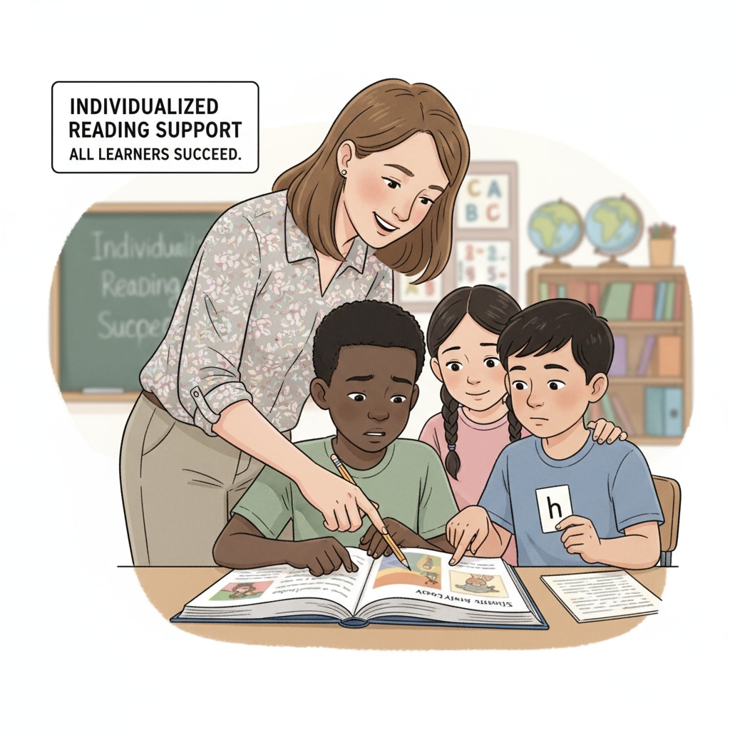 Teacher helping a student with reading in the context of racial bias, reading ability, and education statistics