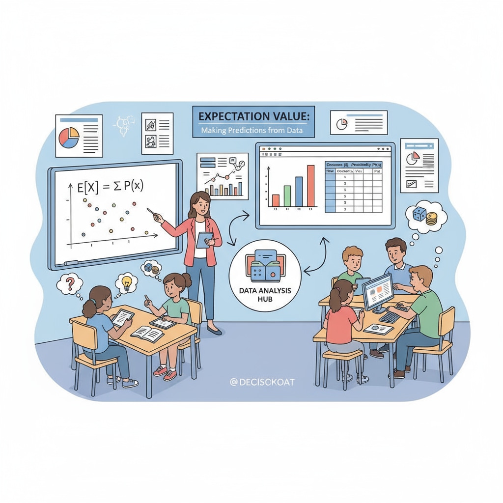 A visual representation of how the expectation value framework is applied in a classroom setting, with students and teachers interacting and data being analyzed. Visualization of expectation value framework application in K12 education for model performance understanding