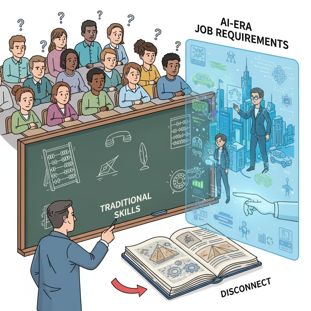 A classroom scene with students looking puzzled, representing the disconnect between school education and AI-era job requirements A classroom scene highlighting the gap between school education and AI-era job needs