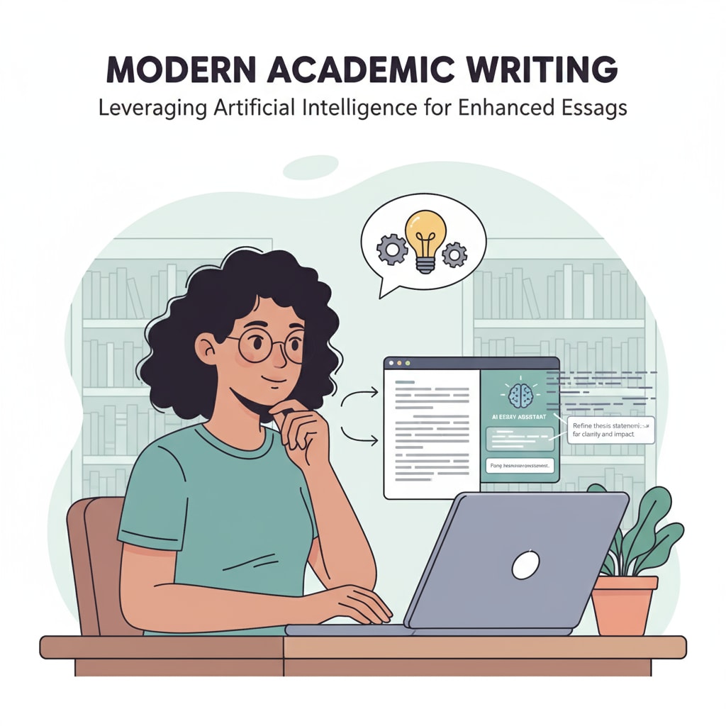 An illustration showing a student using an AI writing tool on a laptop to improve their essay A student using an AI writing tool for educational application and learning aid