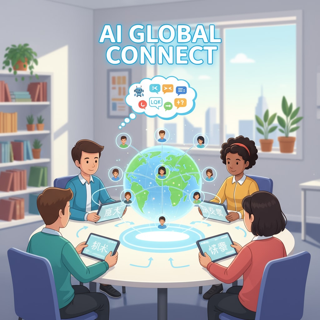 A group of students using an AI communication tool to have a conversation with international peers Students using an AI communication tool for educational application and learning aid