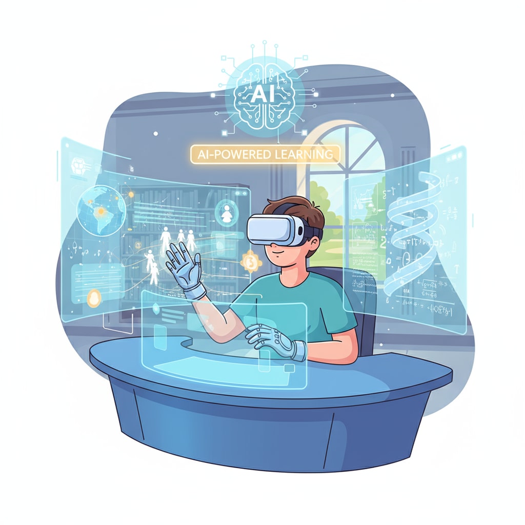 A student wearing VR goggles to experience an AI-driven multimedia learning environment A student using an AI multimedia learning tool for educational application and learning aid