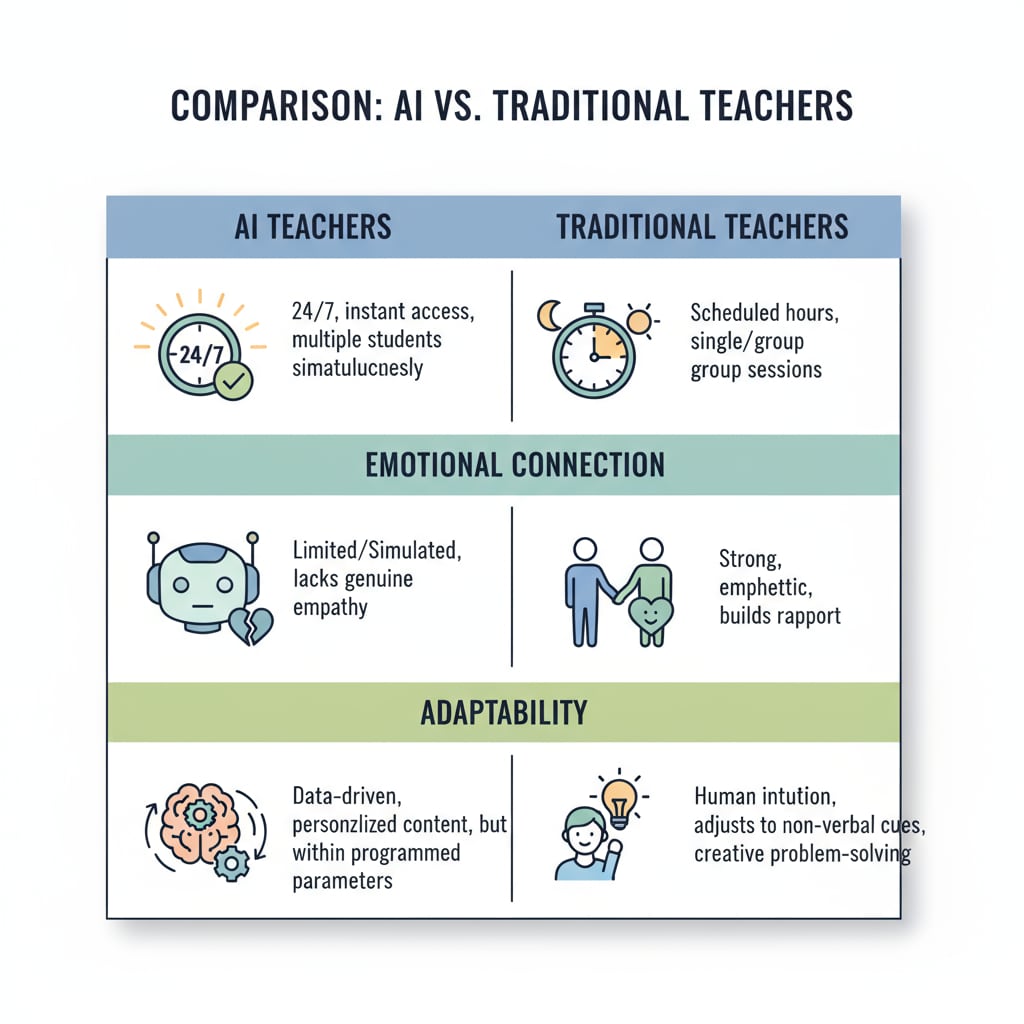 A comparison chart that shows the features of AI teachers and traditional teachers, such as availability, emotional connection, and adaptability. Comparison of AI teachers and traditional teachers for artificial intelligence in education, algorithmic teaching, and educational innovation.