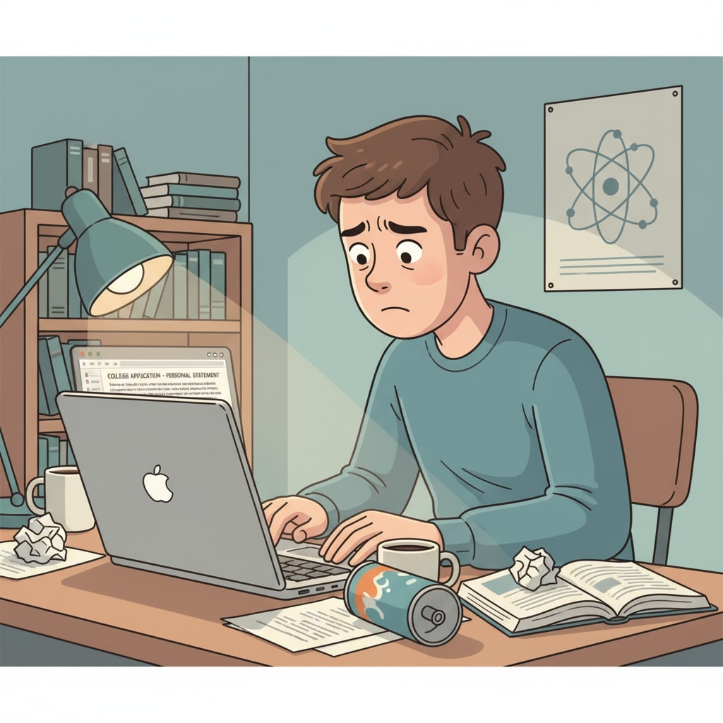 A worried student working on a college application personal statement in the face of AI detection concerns