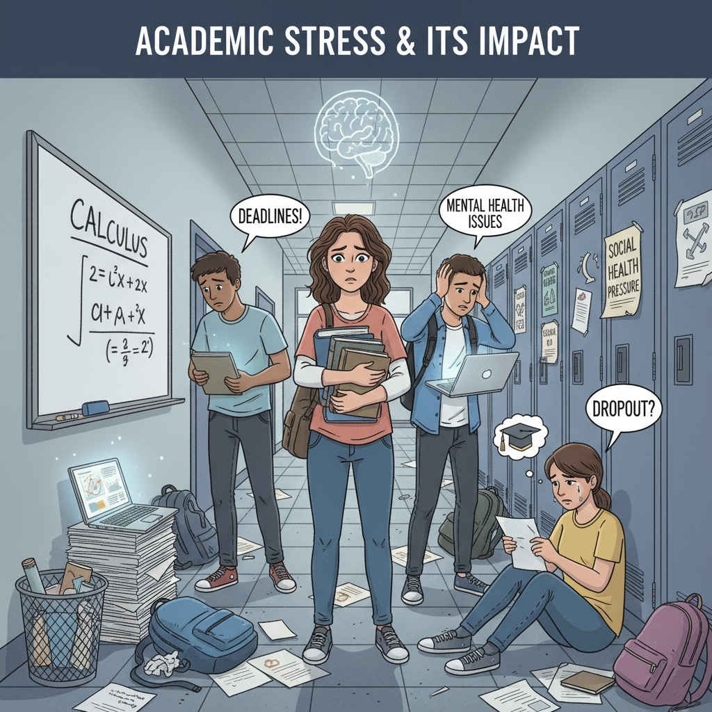 A group of students looking stressed in a high school hallway. This shows the common stress faced by students in a traditional high school setting, which can sometimes lead to mental health issues and dropping out. Stressed students in a high school hallway, highlighting the struggles related to high school dropouts and mental health.