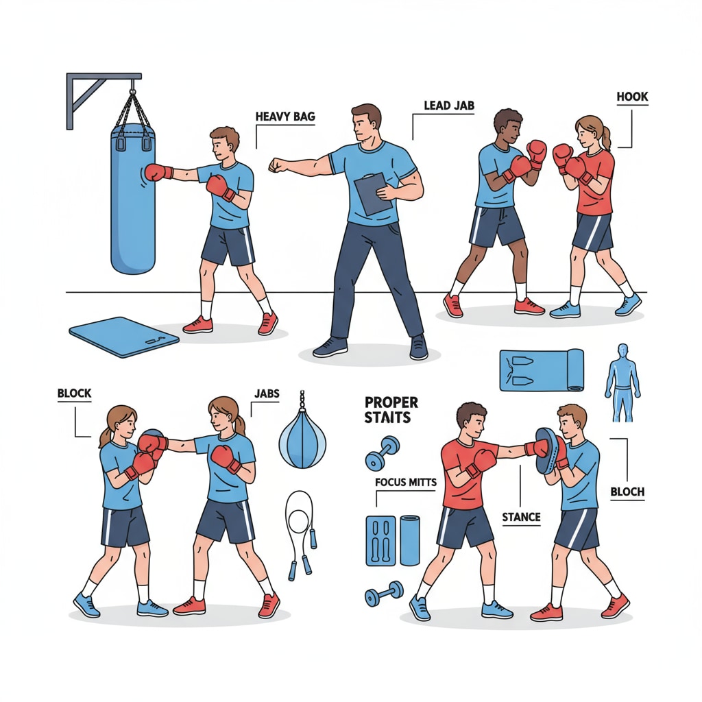 A group of students are practicing boxing in a well-equipped gym. They are wearing boxing gloves and following the coach's instructions. Students practicing boxing as an extracurricular activity for college applications