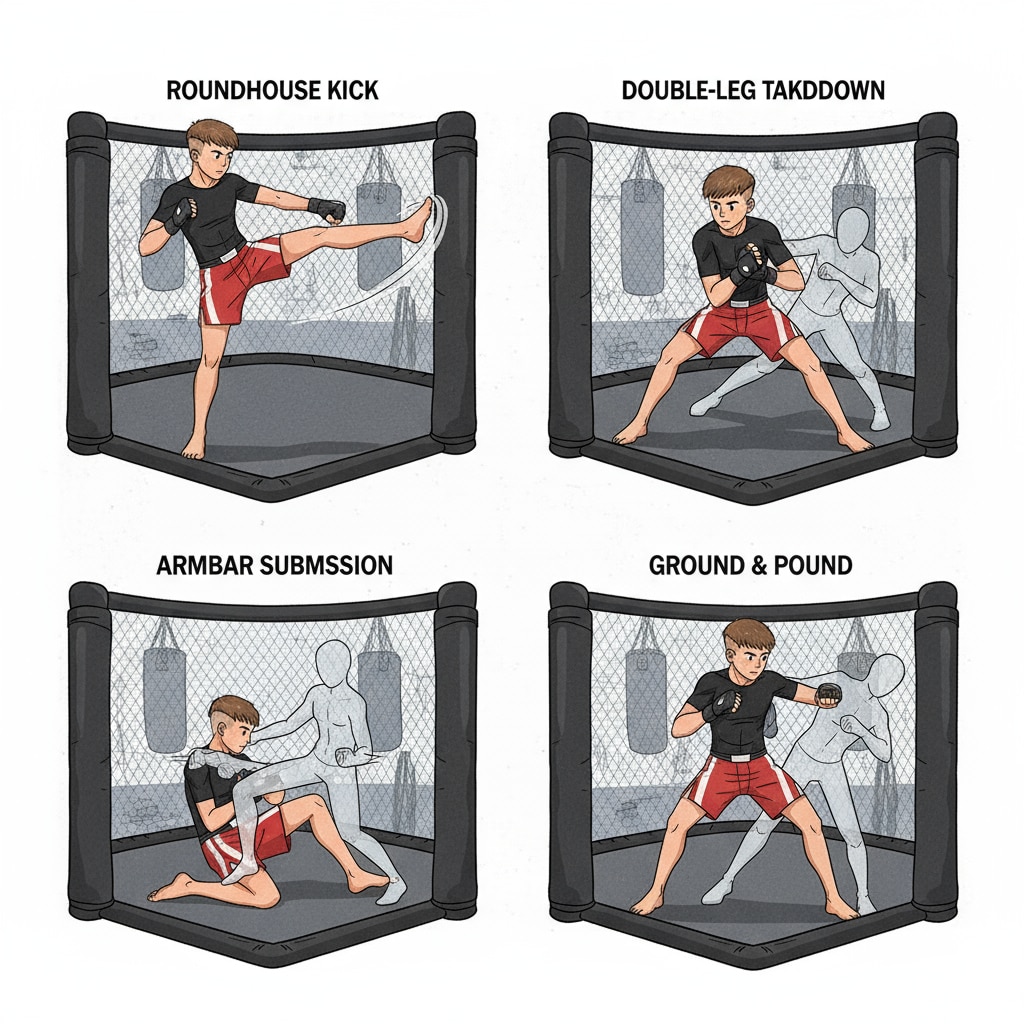 A young MMA fighter is training inside a cage. He is performing various fighting techniques and showing great determination. An MMA fighter training as an extracurricular activity relevant to college applications