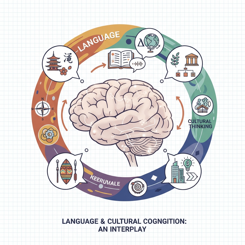 A visual illustration showing how language and cultural thinking interact, with symbols representing different cultures and thought processes. Visual representation of the relationship between language and cultural thinking
